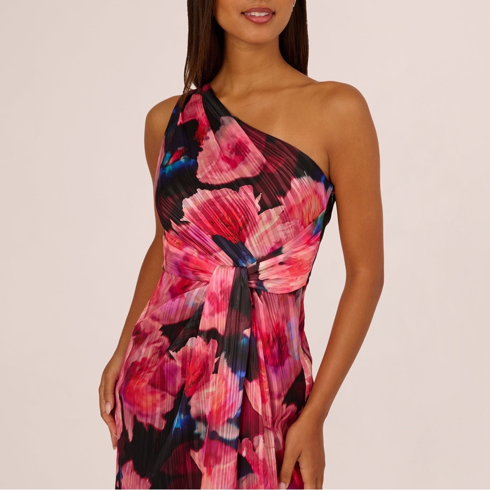 Adrianna Papell One-Shoulder Floral Maxi Dress in Pink and Black - Picture 4 of 6